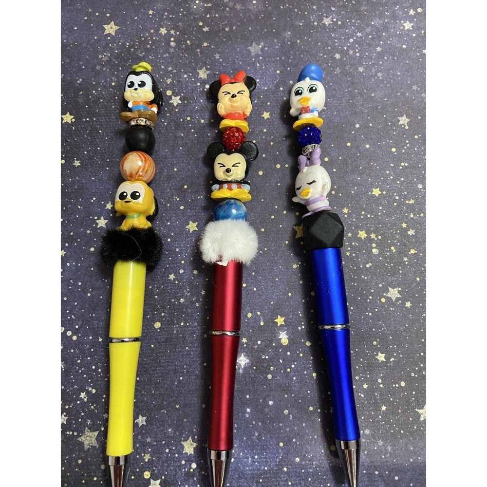 Set 3 Cute Mickey Mouse And Friends Beaded Pens Handmade 3 Free Refills Disney